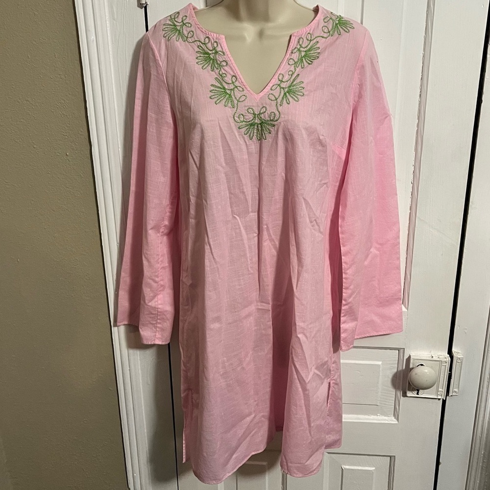 Lilly Pulitzer Elina Cotton Tunic Pink Embroidered Green Small W1